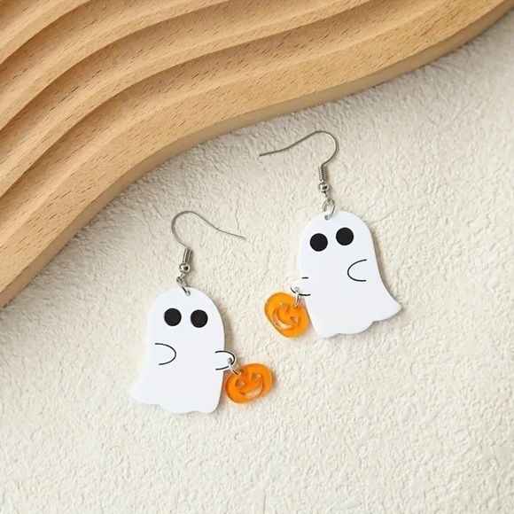 White Ghost with Jack-O-Lantern Dangle Earrings - Picture 2 of 4